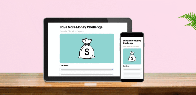 Tablet and smartphone showing "Save More Money Challenge" content with a money bag illustration