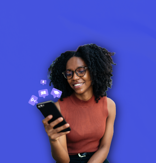 A woman wearing glasses and a sleeveless top looks at her phone, with digital icons floating near the device, against a purple background.A woman wearing glasses and a sleeveless top looks at her phone, with digital icons floating near the device, against a purple background.