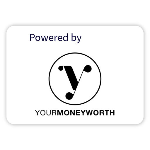 "Powered by", a stylized black letter "y" within a circle and "Your Money Worth" on an off-white background