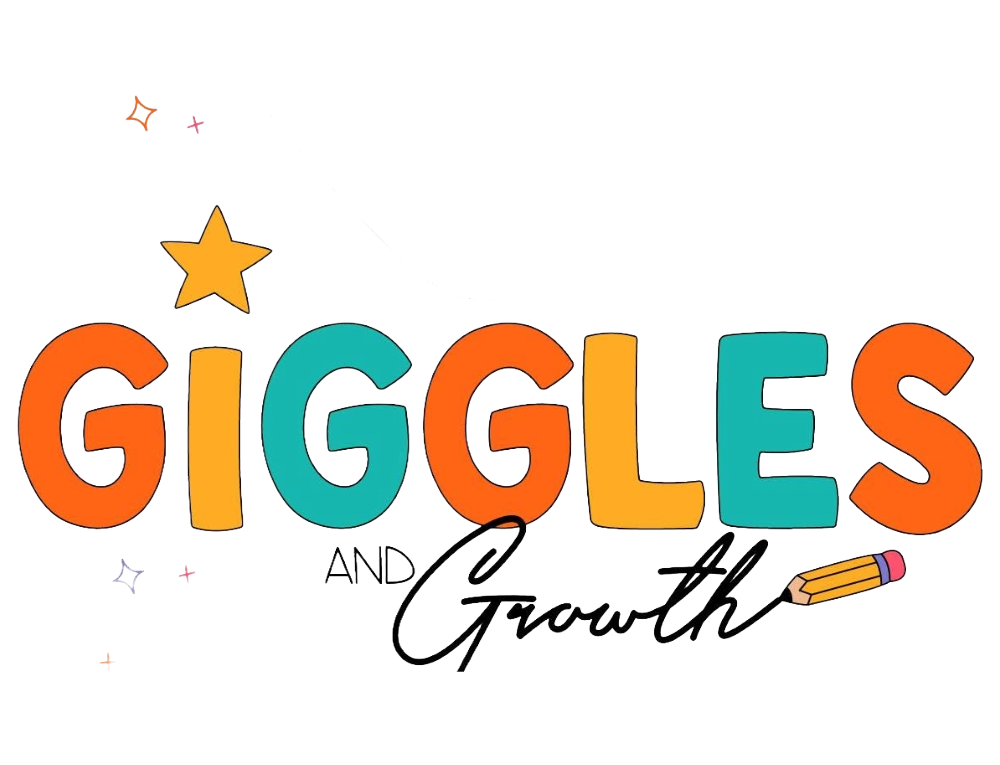 Colorful graphic with the text "GIGGLES AND Growth," featuring playful letters and illustrations including a star and a pencil.