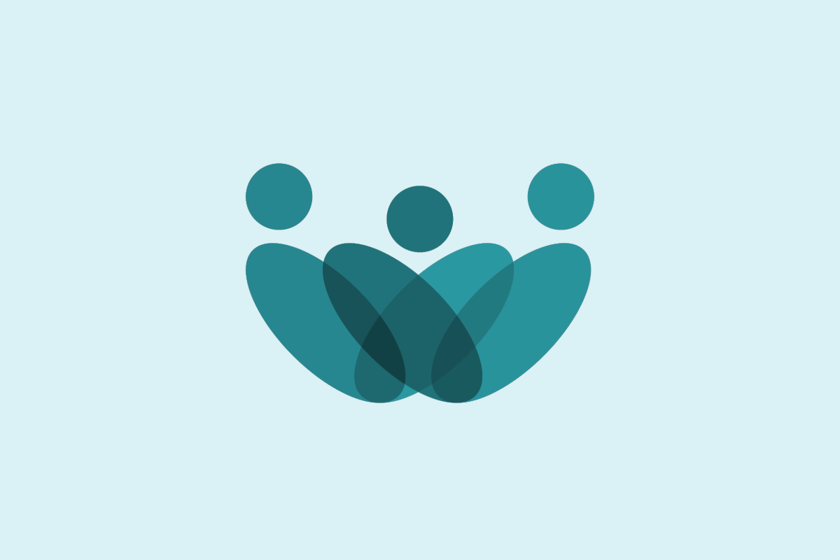 Abstract teal graphic of three circles above overlapping curved shapes on a pale blue background